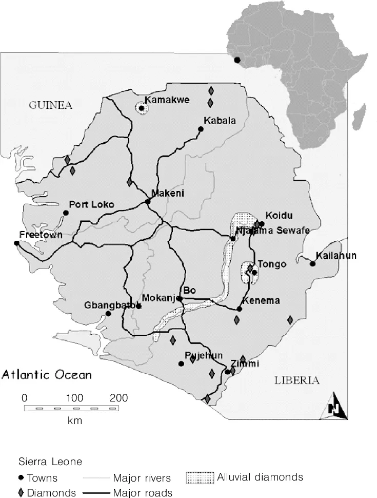 Map of Sierra Leone showing alluvial diamond districts